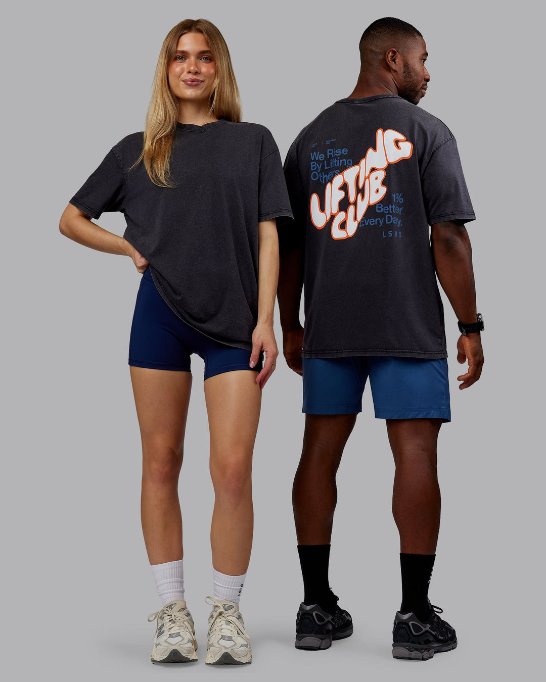 Duo wearing Rise &amp; Lift Washed FLXCotton Oversized Tee - Washed Black-Indigo | Model:Both | Size:Duo