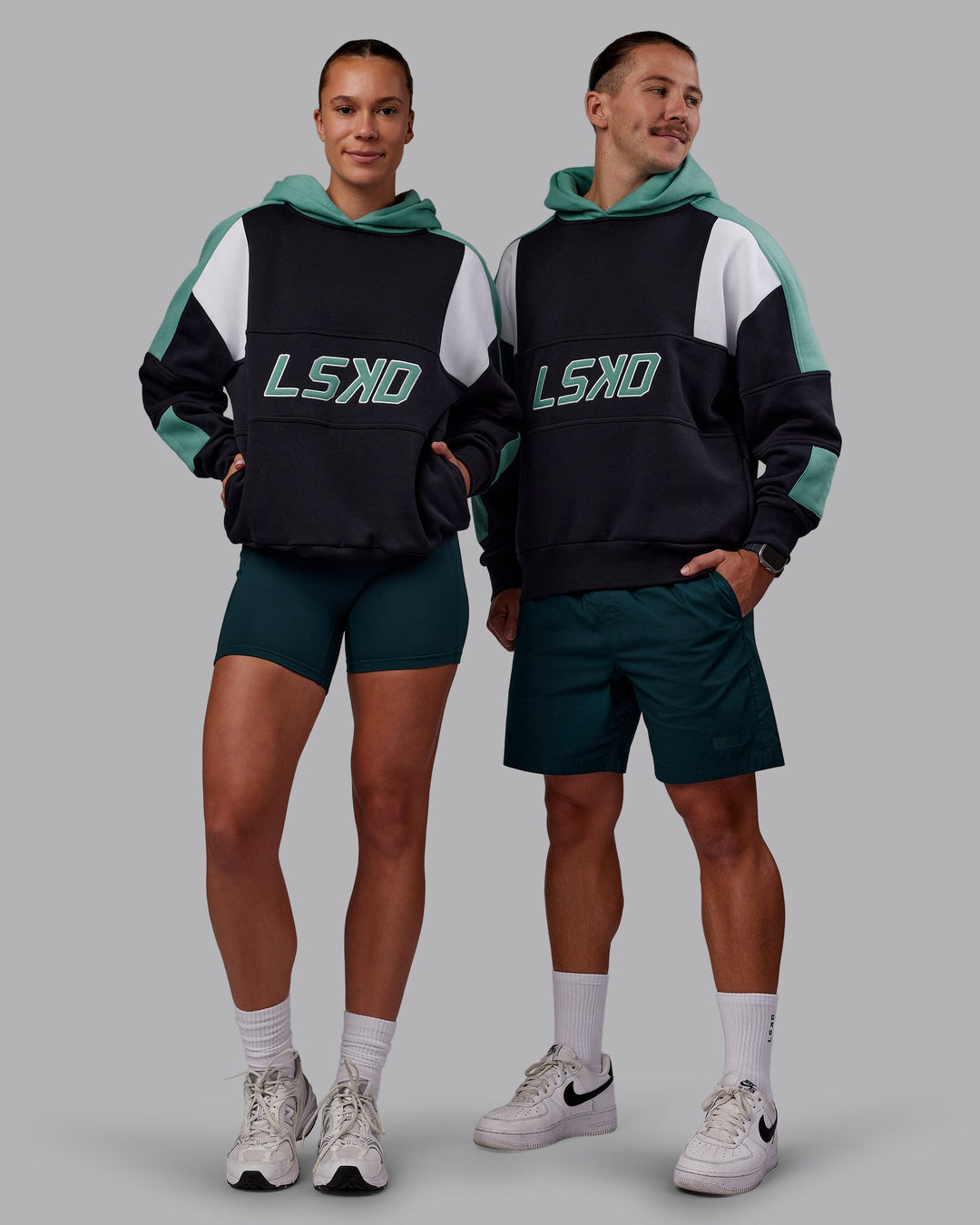 Duo wearing Slam Oversized Hoodie - Caviar-Agate Green | Model:Both | Size:Duo