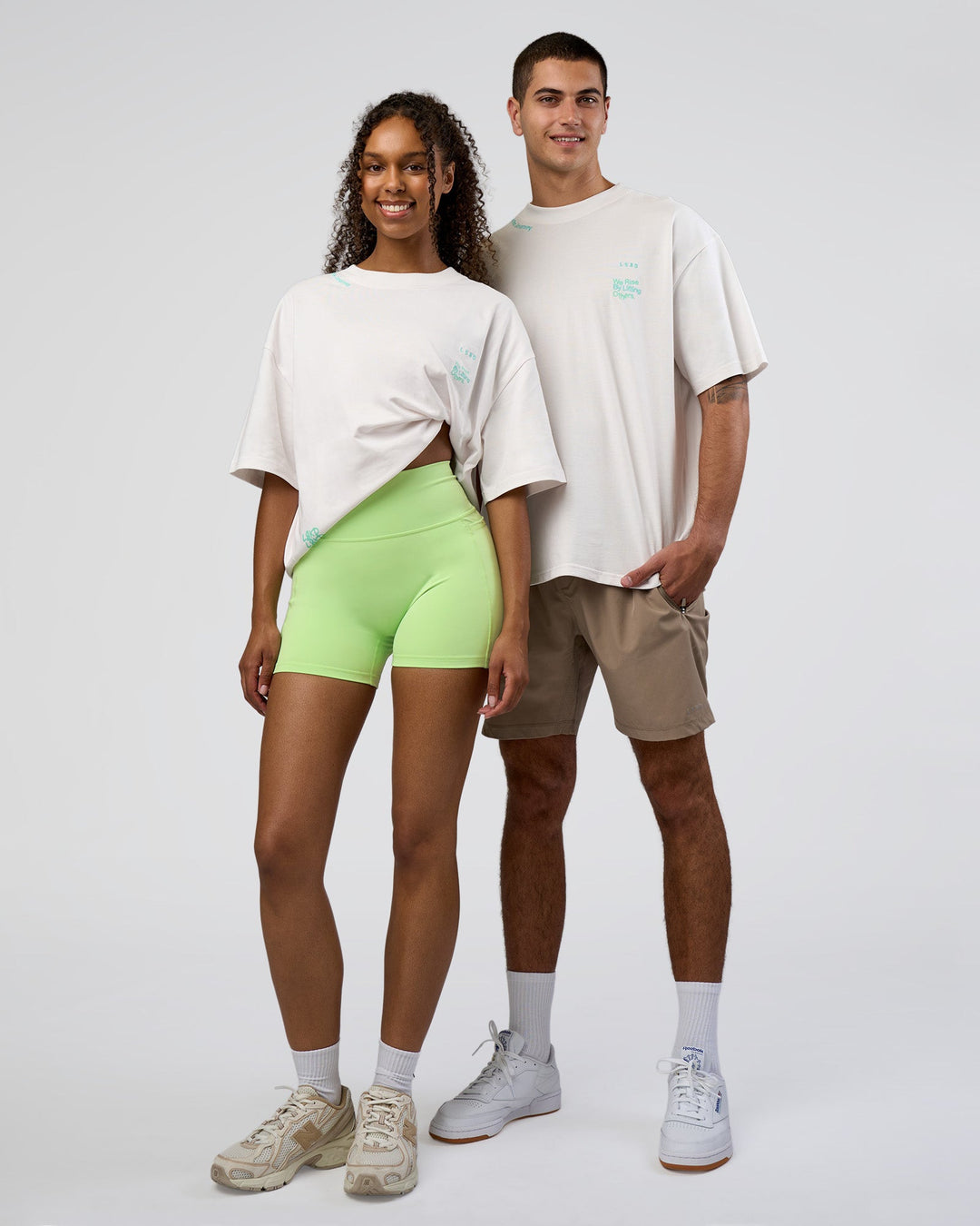 Duo wearing Sticker Heavyweight Oversized Tee - Off White-Jelly Mint | Model:Both | Size:Duo