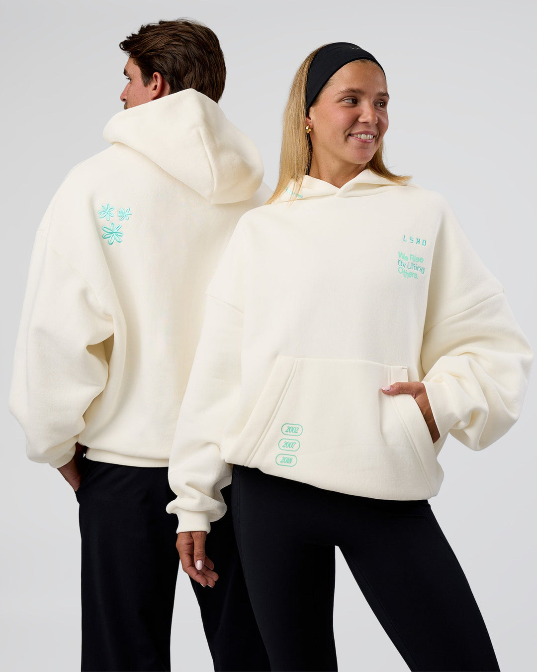 Duo wearing Sticker Unisex Oversized Hoodie - Off White-Jelly Mint | Model:Both | Size:Duo