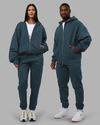 Duo wearing Stream Oversized Panel Zip Hoodie - Deep Sea and Track Pant | Model:Both | Size:Duo