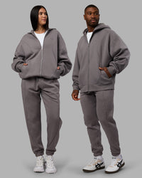 Duo wearing Stream Oversized Panel Zip Hoodie - Storm Front and Track Pant | Model:Both | Size:Duo