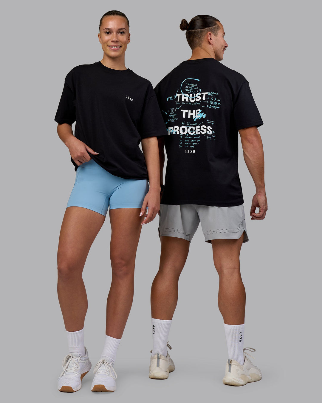 Duo wearing Think Strong Heavyweight FLXCotton Tee Oversize - Black-White | Model:Both | Size:Duo