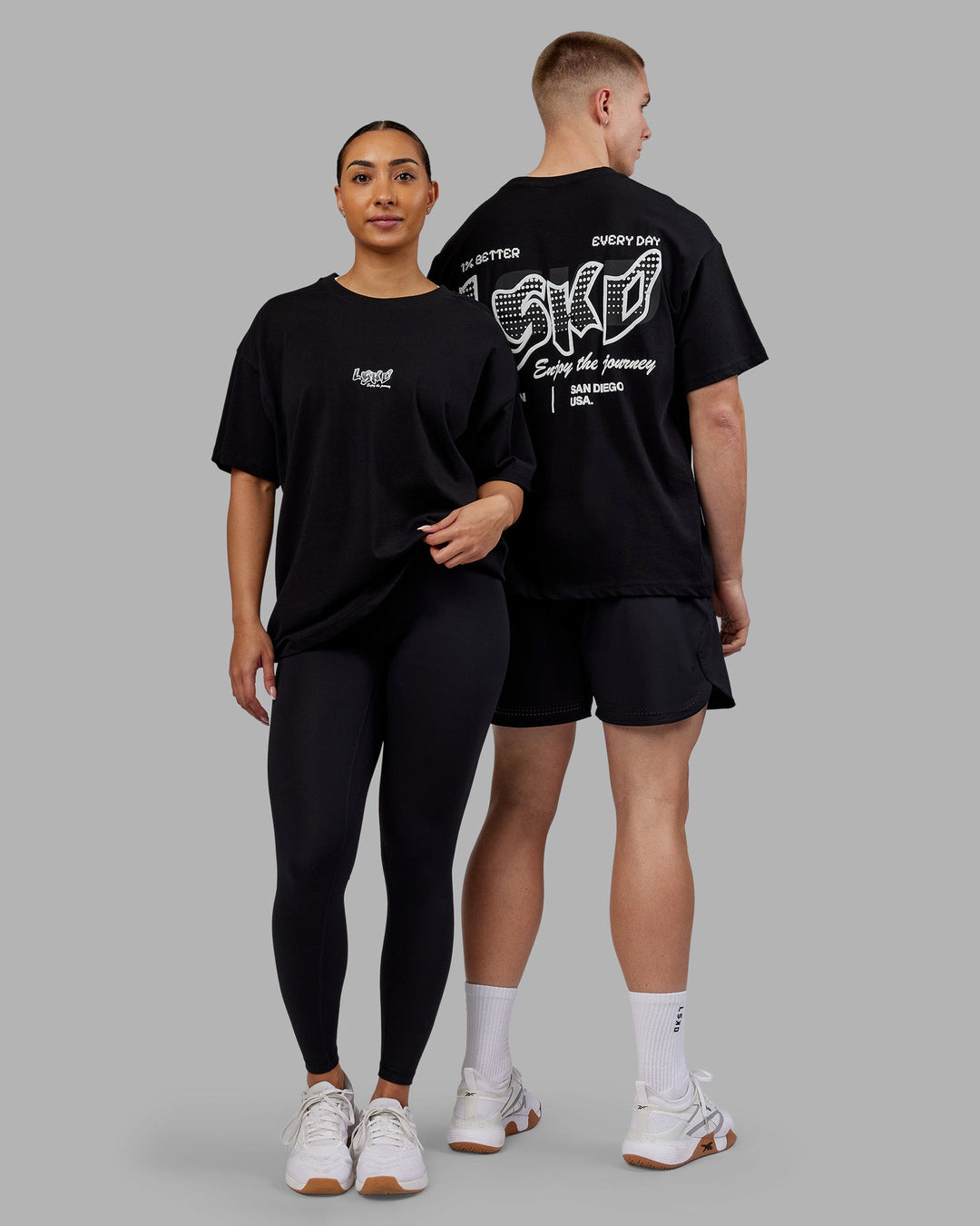 Duo wearing Time's Up Heavyweight Oversized Tee - Black-White | Model:Both | Size:Duo