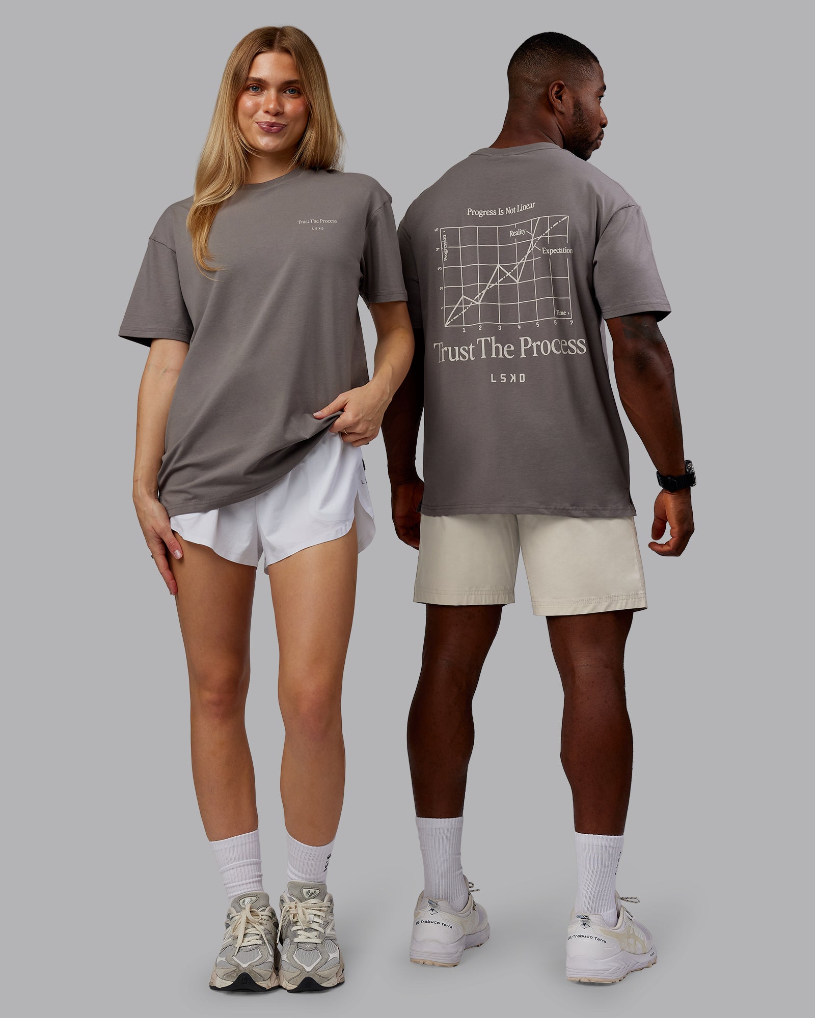 Duo wearing Trust The Process 2.0 FLXCotton Tee Oversize - Storm Front-Shale Beige | Model:Both | Size:Duo
