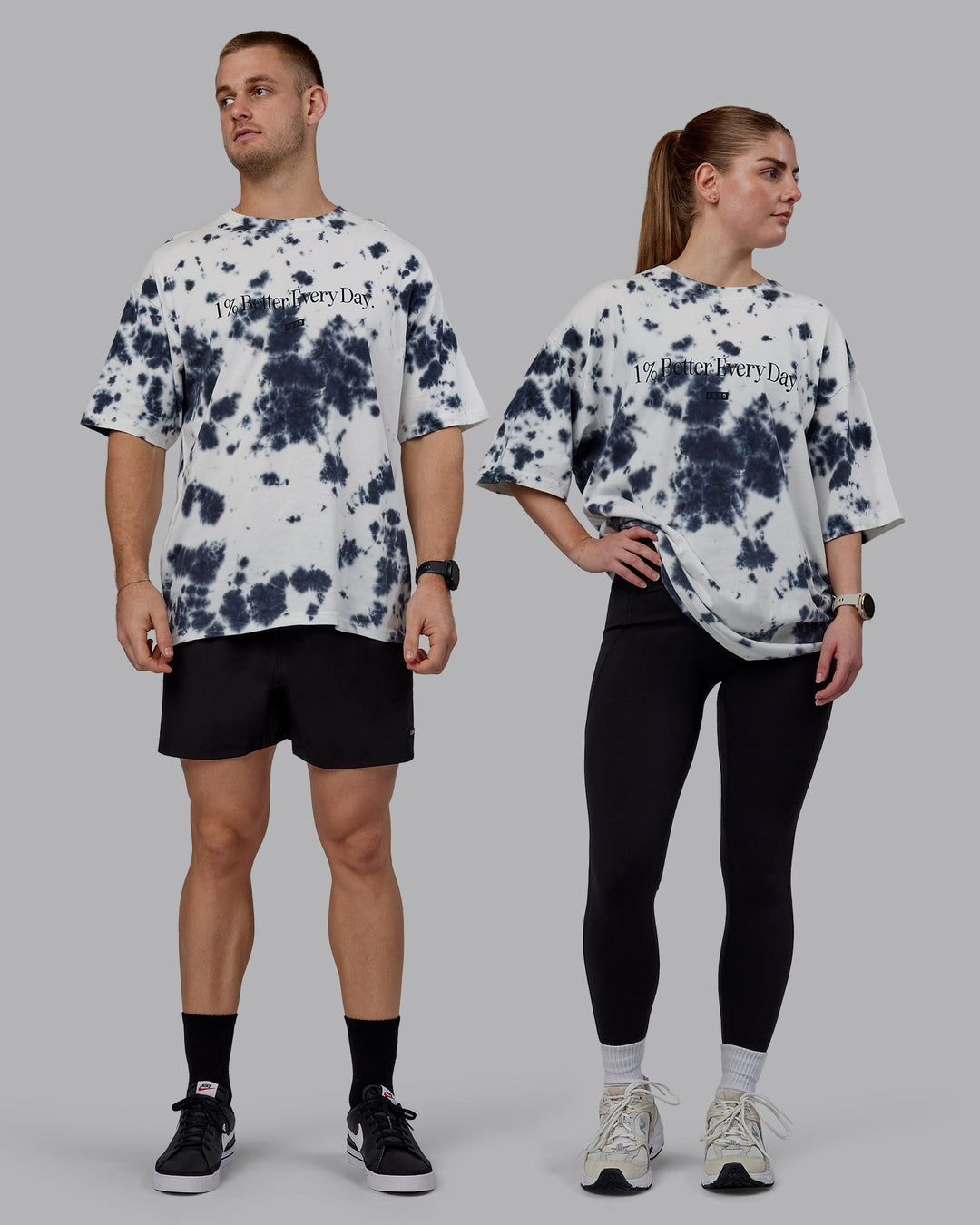 Duo wearing Unisex 1% Better Heavyweight Oversize Tee - White-Black Tie Dye