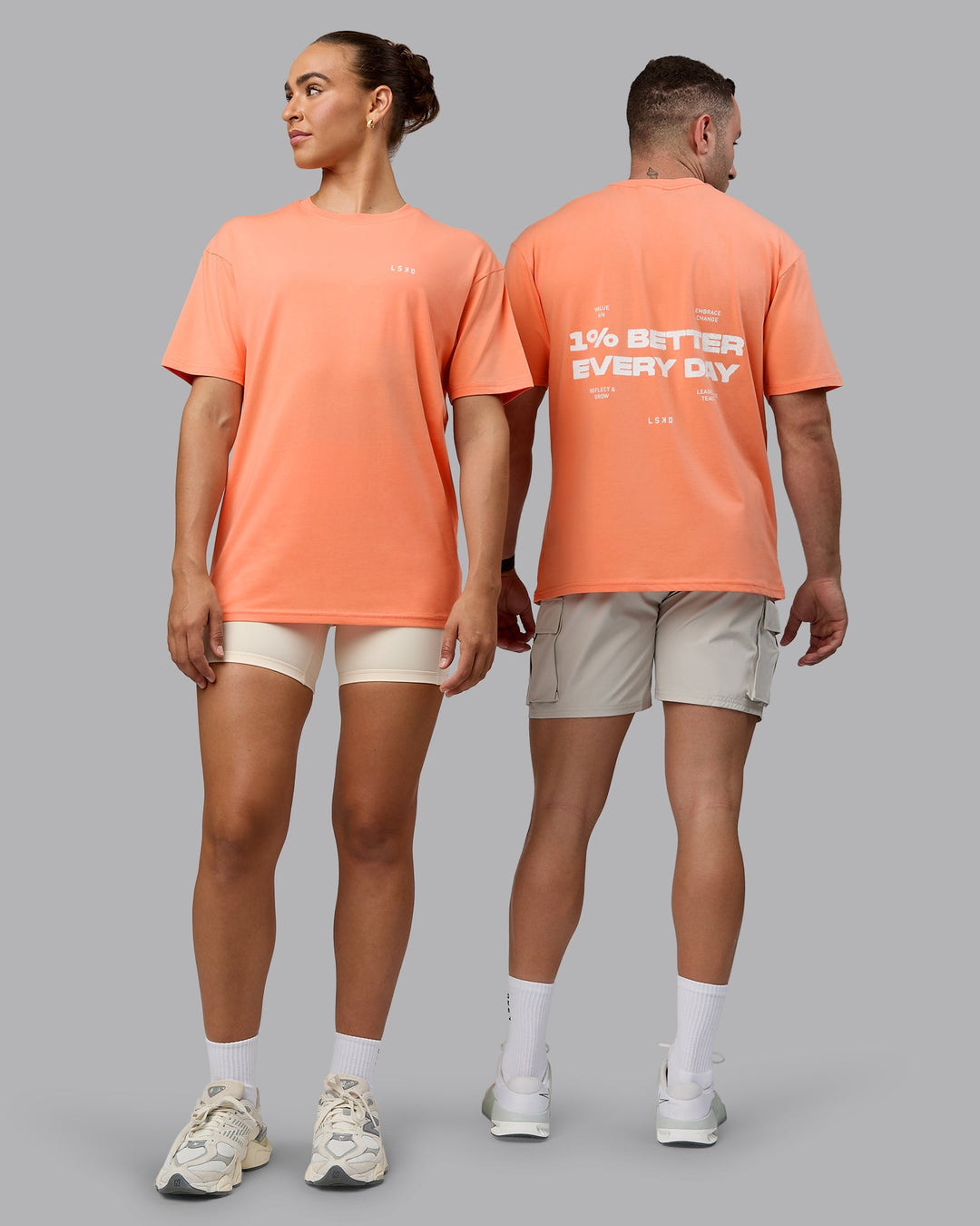 Duo wearing Unisex 1% Better Value Series FLXCotton Tee Oversize - Mellow Peach-White