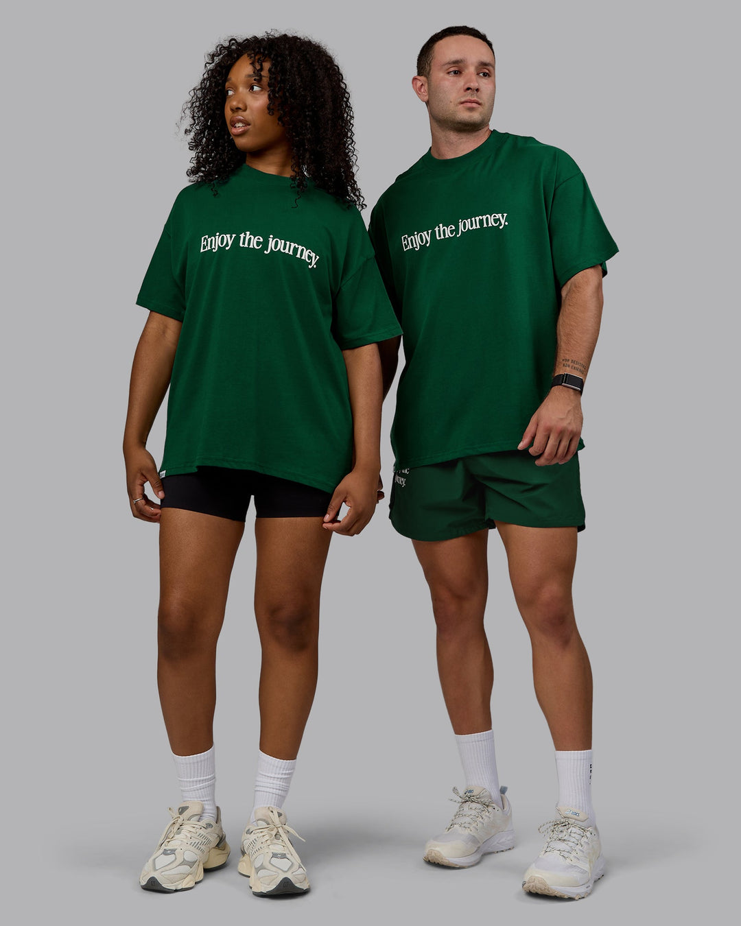 Duo wearing Unisex Enjoy The Journey Heavyweight Tee Oversize - Deep Emerald-Off-White