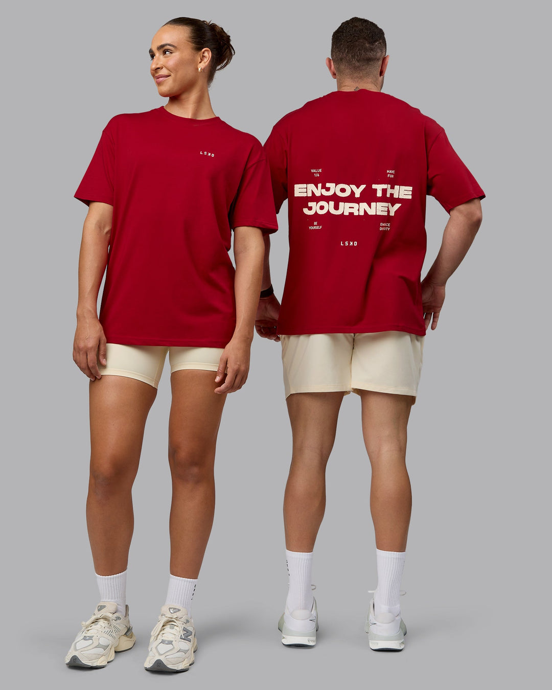 Duo wearing Unisex Enjoy the Journey Value Series FLXCotton Tee Oversize - Cherry Red-Ivory