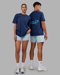 Duo wearing Enjoy the Journey Value Series FLXCotton Tee Oversize - Future Navy-Blue Atoll | Model:Both | Size:Duo
