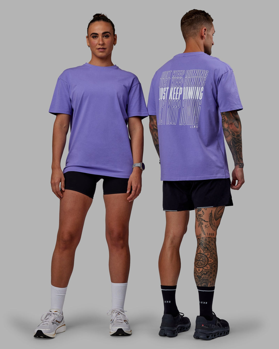 Duo wearing Unisex Keep On Running FLXCotton Tee Oversize - Dahlia Purple