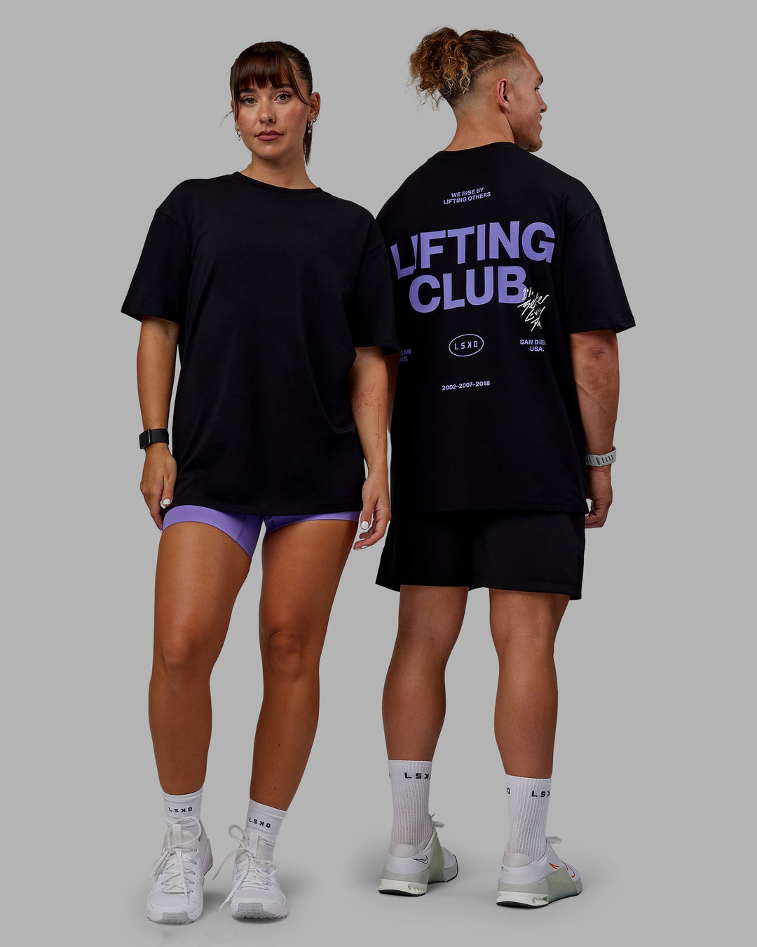 Duo wearing Unisex Lifting Club FLXCotton Tee Oversize - Black-Dahlia Purple