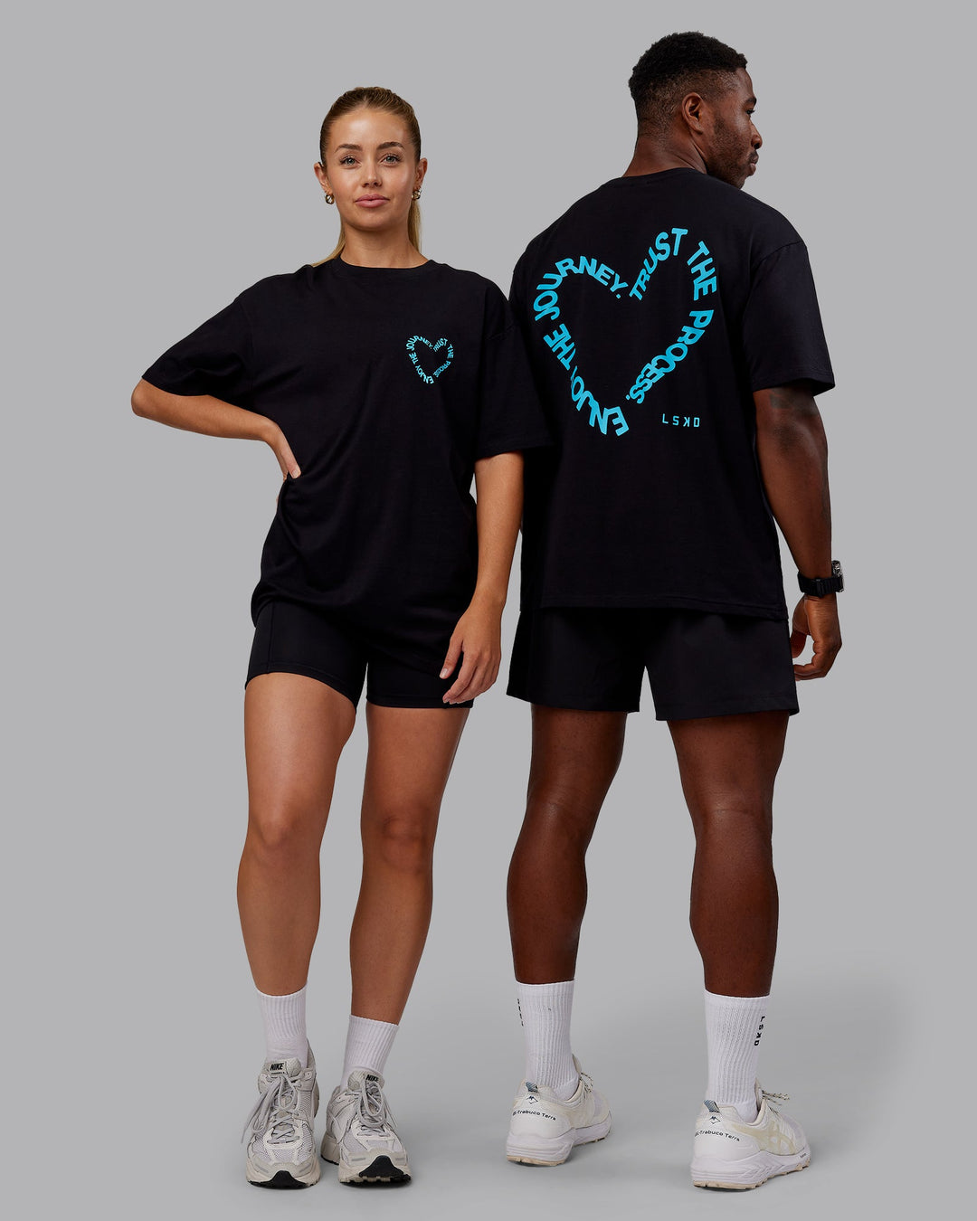 Duo wearing Love The Process FLXCotton Oversize Tee - Black-Blue Atoll | Model:Both | Size:Duo