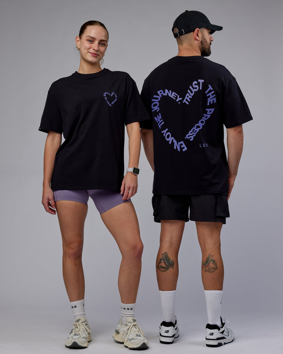 Duo wearing Unisex Love The Process FLXCotton Tee Oversize - Black-Dahlia Purple