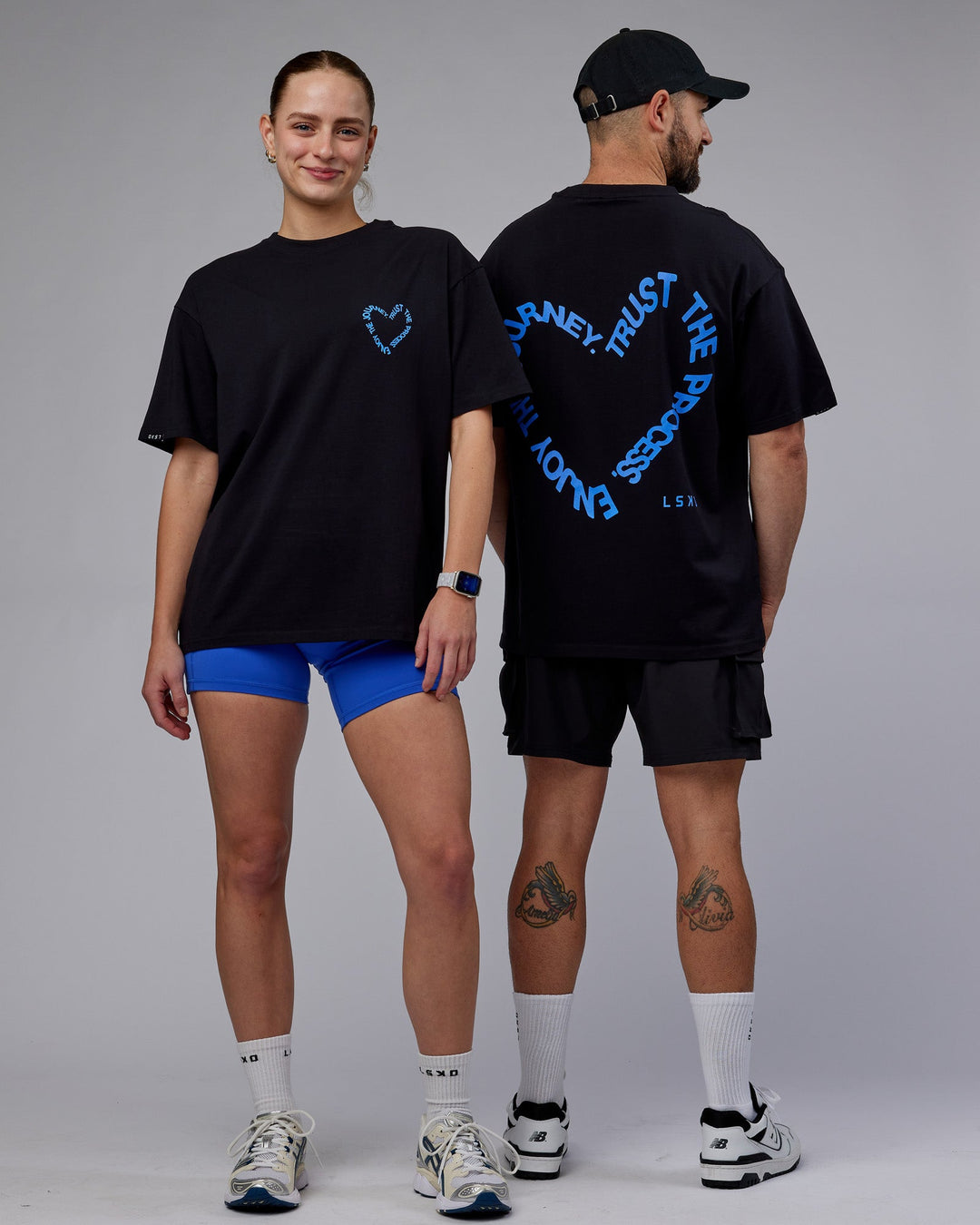 Duo wearing Unisex Love The Process FLXCotton Oversize Tee - Black-Power Cobalt