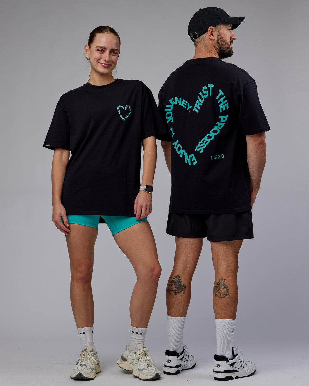 Duo wearing Unisex Love The Process FLXCotton Tee Oversize - Black-Turquoise Tide