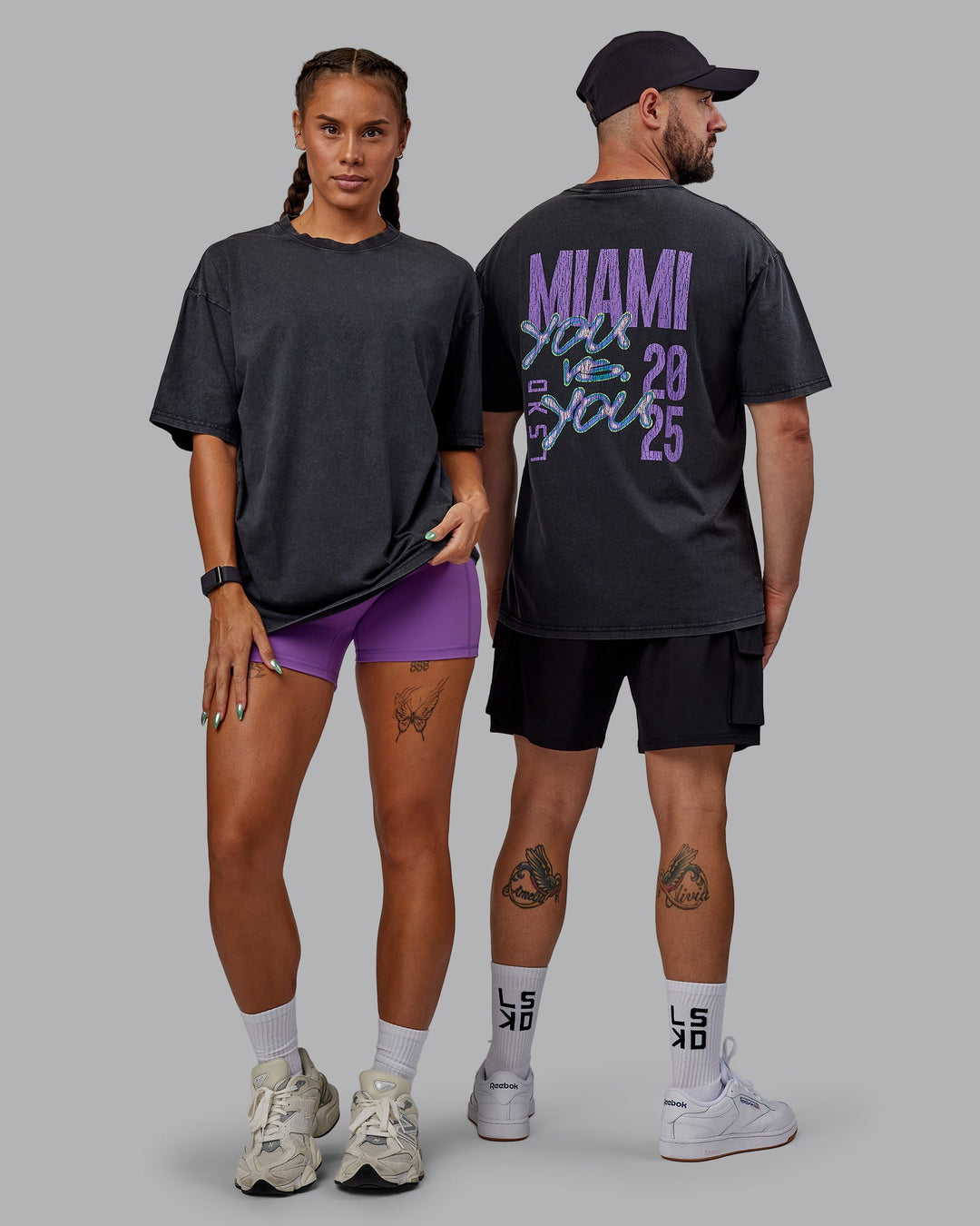 Duo wearing Unisex Miami25 Washed FLXCotton Tee Oversize - Black-Amethyst