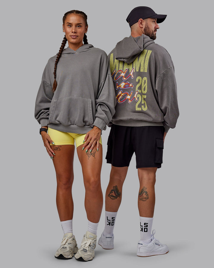 Duo wearing Unisex Miami25 Washed Hoodie Oversize - Storm Front
