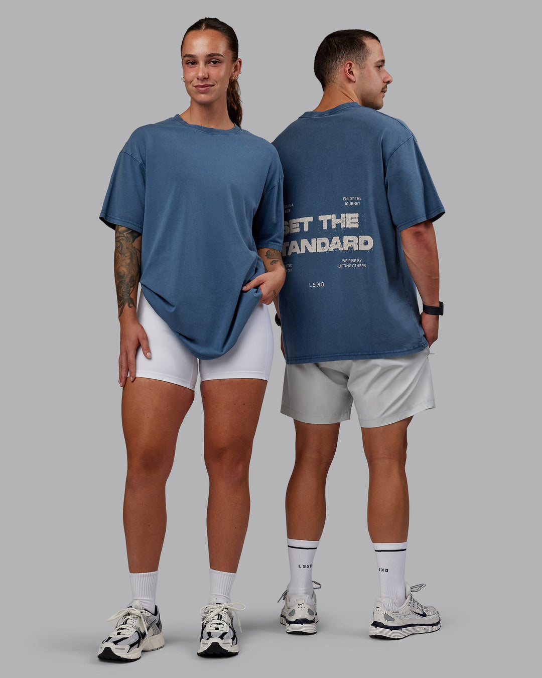 Duo wearing Set The Standard Washed FLXCotton Oversized Tee in Indigo | Size:Duo