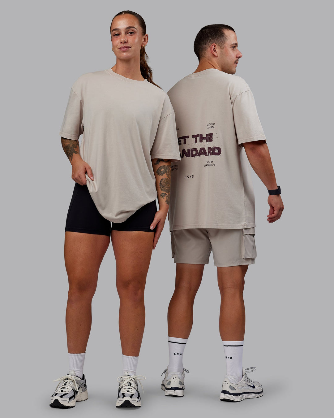 Duo wearing Set The Standard Washed FLXCotton Oversized Tee - Shale Beige | Size:Duo