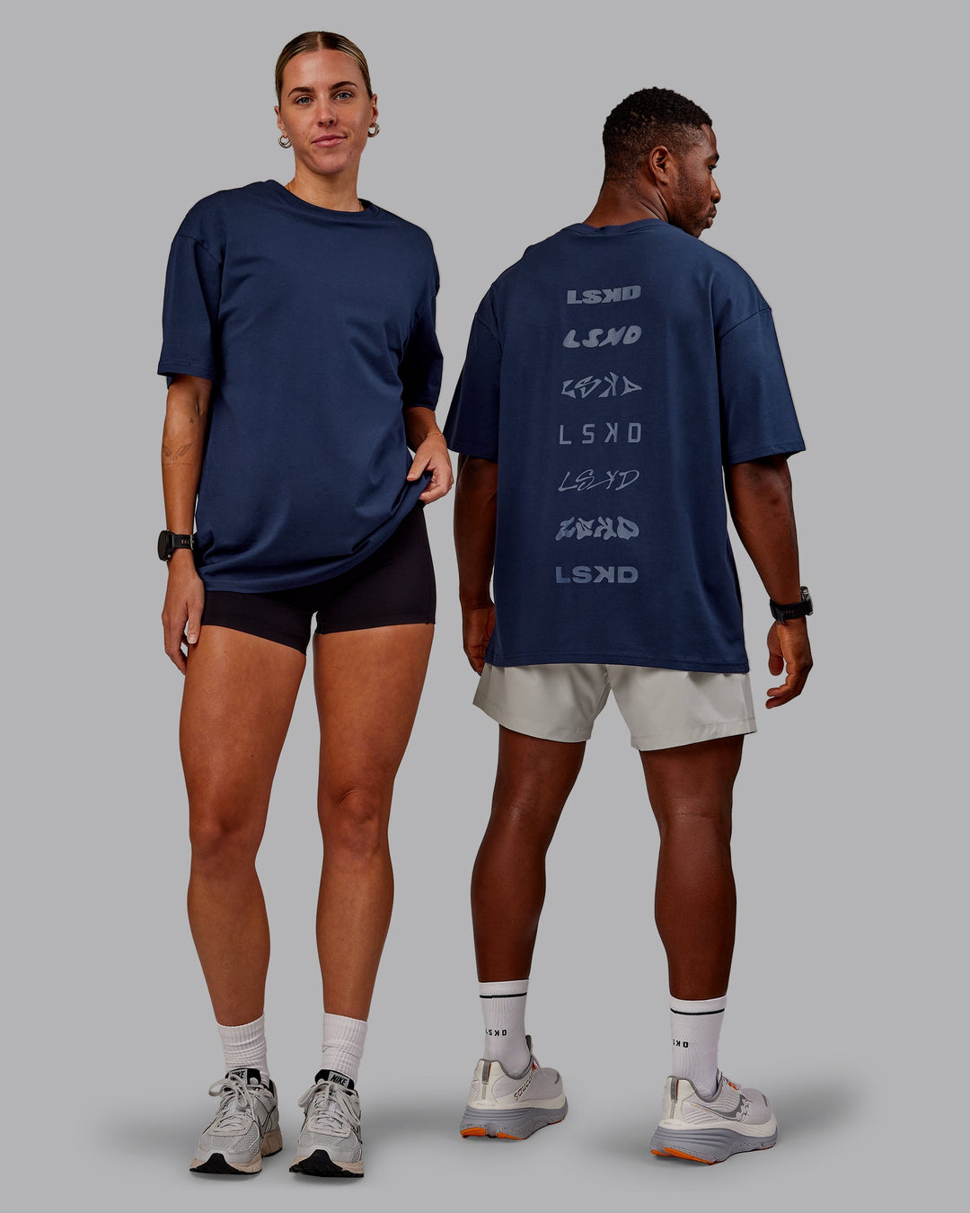 Duo wearing Variation FLXCotton Oversized Tee in Future Navy-Light Navy | Size:Duo