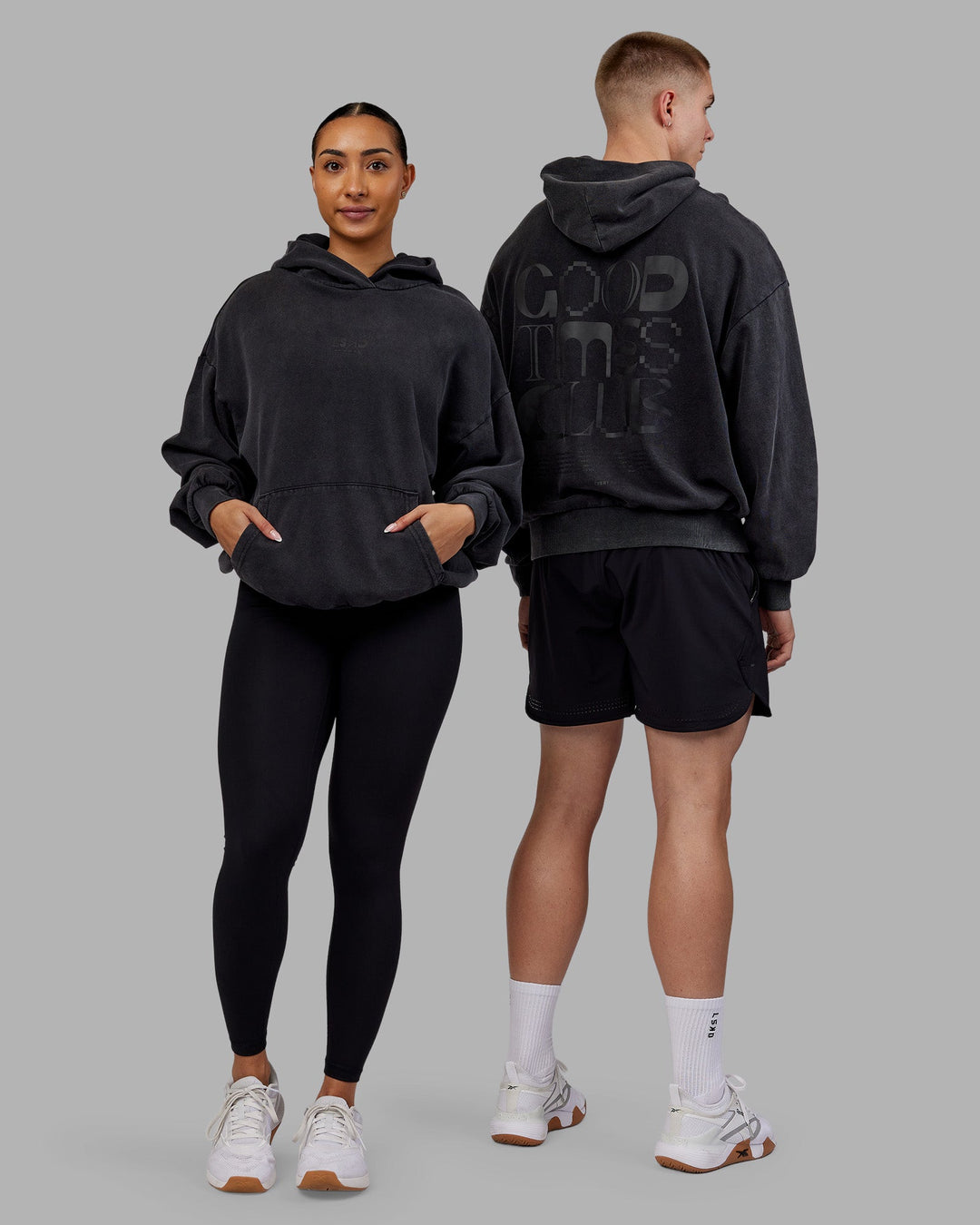 Duo wearing Variation Washed Oversized Hoodie - Black-Black | Model:Both | Size:Duo