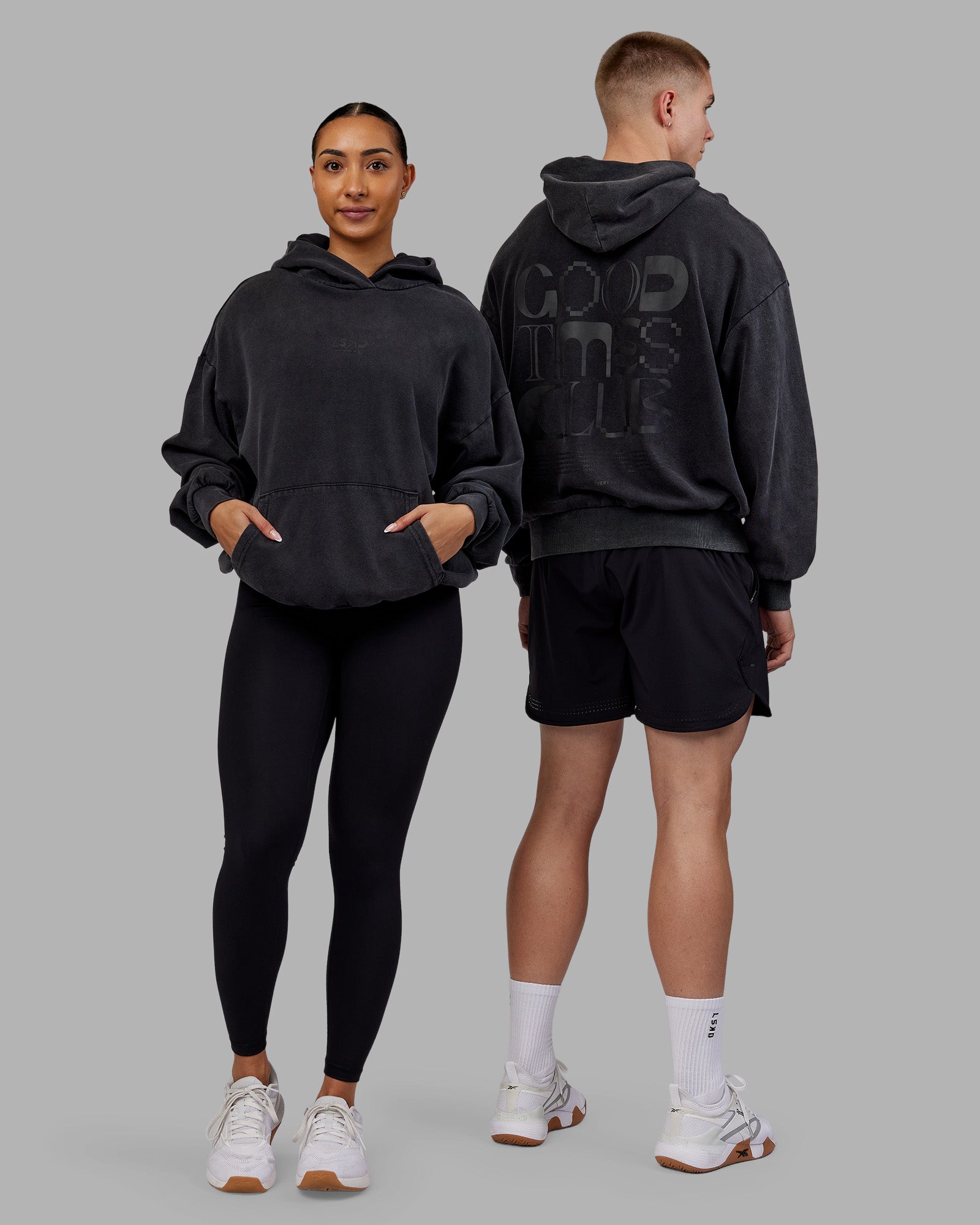 Duo wearing Variation Washed Oversized Hoodie - Black-Black | Model:Both | Size:Duo