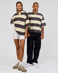 Duo wearing Oversized Rugby Polo - Off White-Grey| Model:Both | Size:Duo