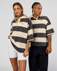 Duo wearing Oversized Rugby Polo - Off White-Grey| Model:Both | Size:Duo