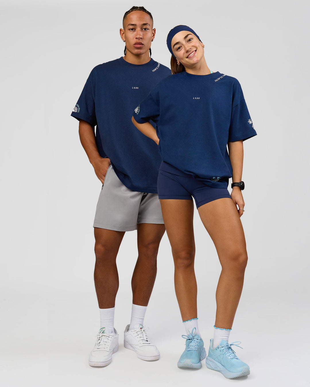 Duo wearing GG Heavyweight Oversized Tee - Future Navy | Model:Grace | Size:S | Model:Malebo | Size:M - view 2