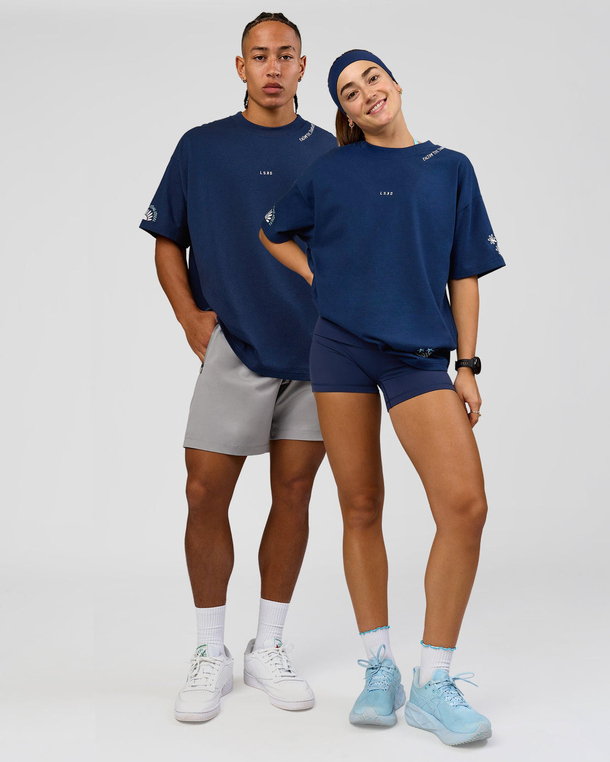 Duo wearing GG Heavyweight Oversized Tee - Future Navy | Model:Grace | Size:S | Model:Malebo | Size:M - view 2