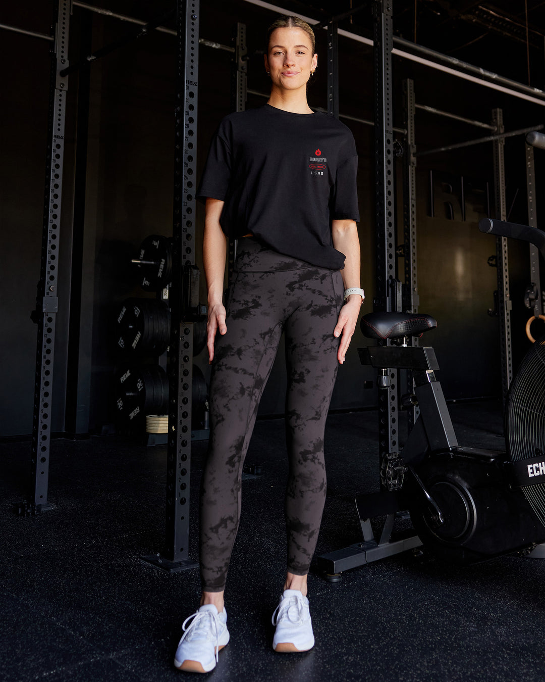 Woman wearing Hell Week FLXCotton Oversized Tee - Black | Model:Chloe | Size:XS