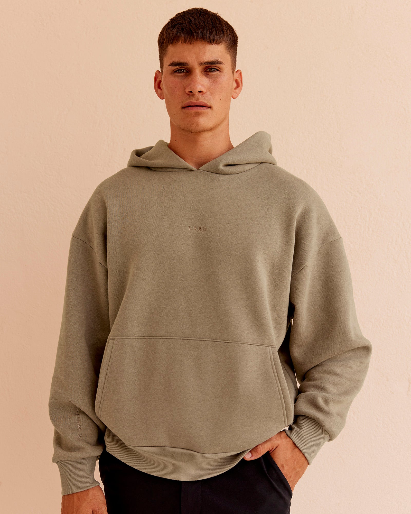 Man wearing Base Oversized Hoodie - Taupe Ash | Model:Jackson | Size:L