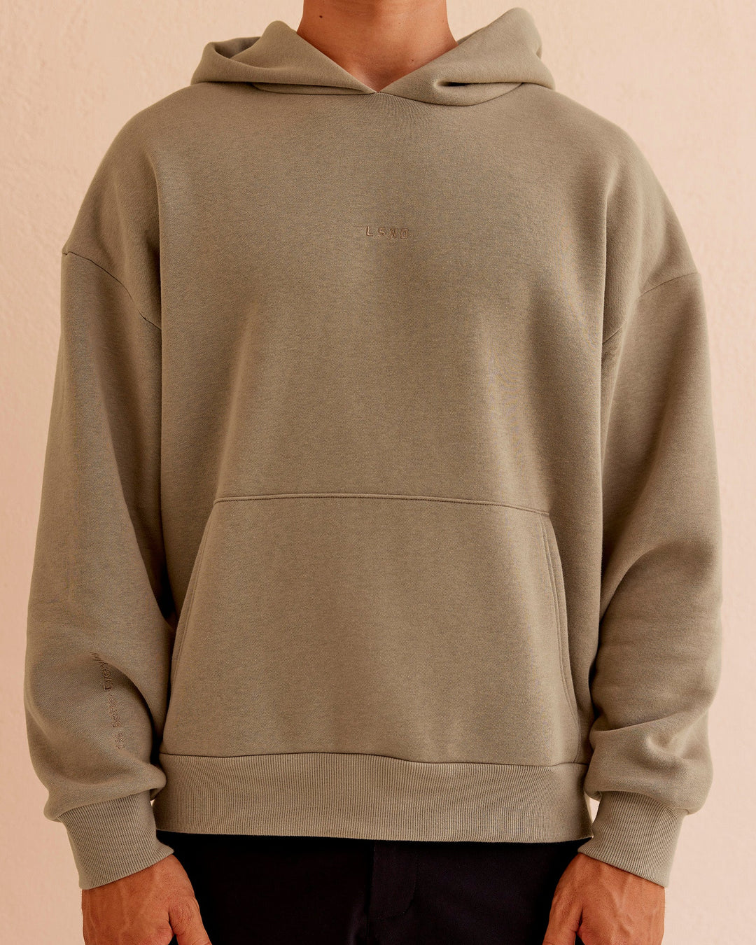Man wearing Base Oversized Hoodie - Taupe Ash | Model:Jackson | Size:L - view 6