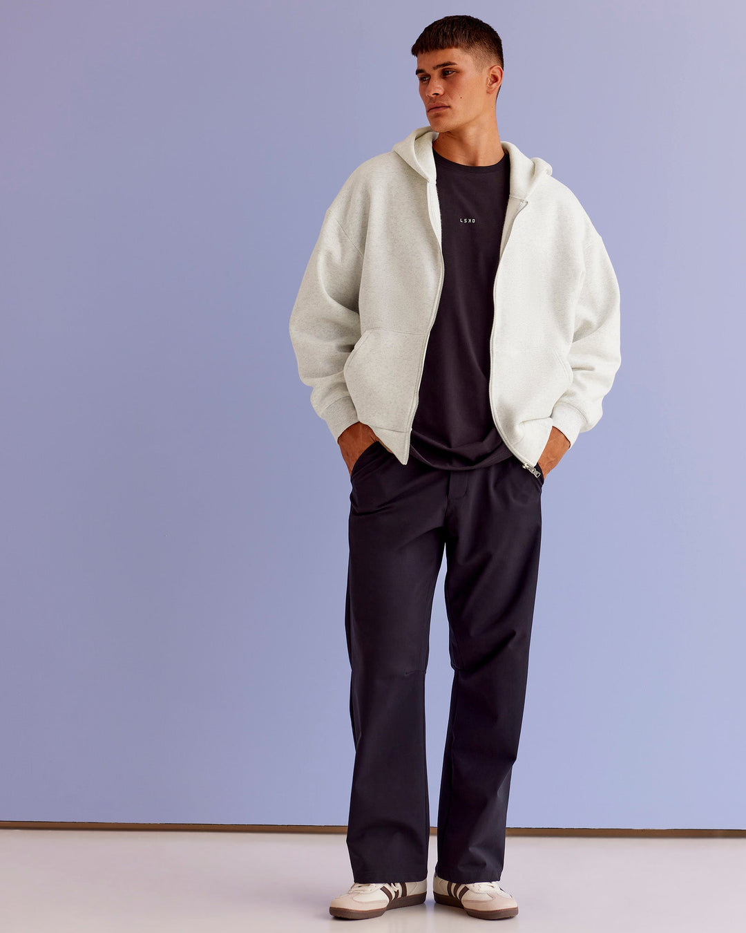 Man wearing Base Zip Through Oversized Hoodie - Silver Marl | Model:Jackson | Size:L - view 7