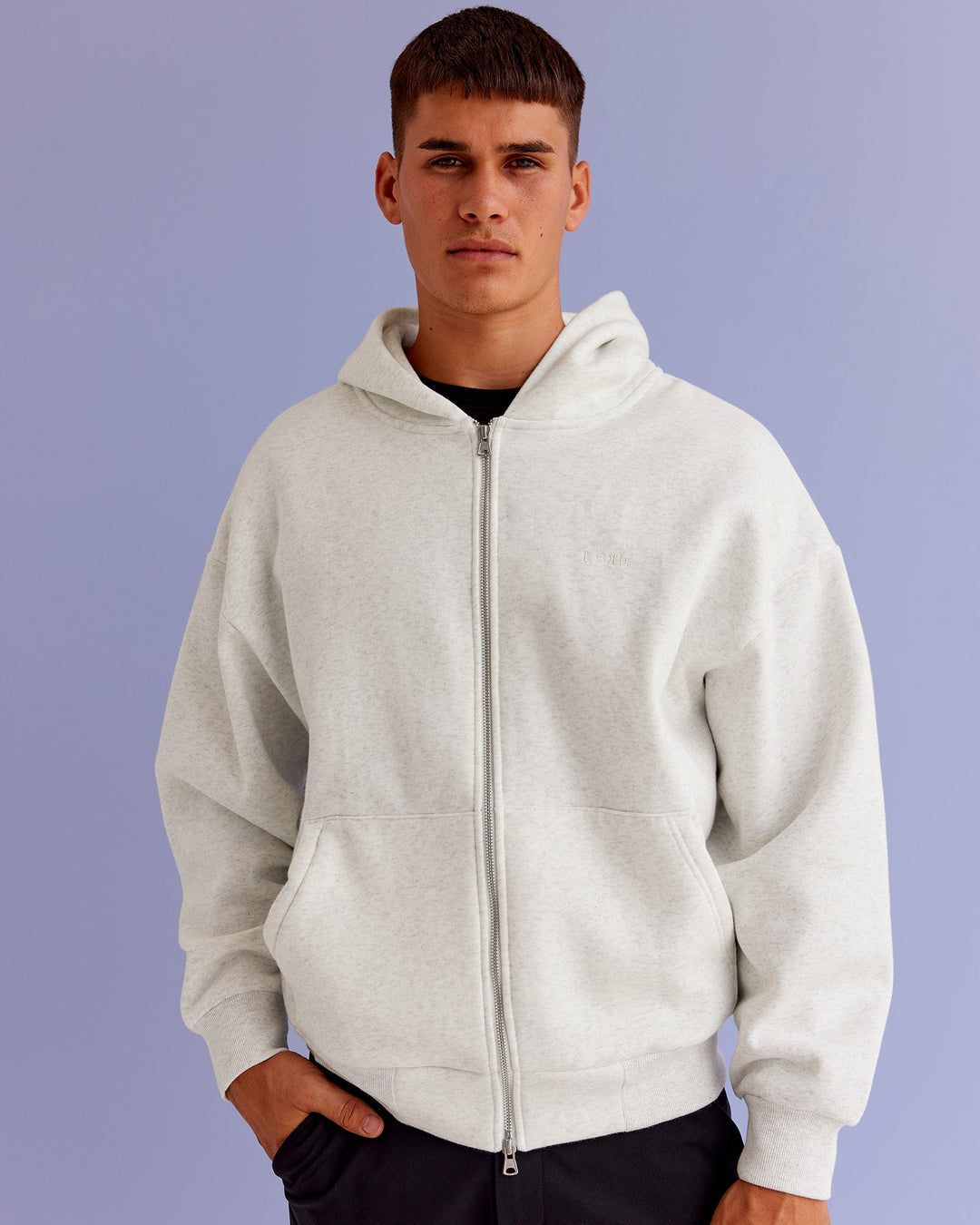 Man wearing Base Zip Through Oversized Hoodie - Silver Marl | Model:Jackson | Size:L - view 5