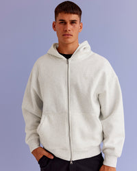 Man wearing Base Zip Through Oversized Hoodie - Silver Marl | Model:Jackson | Size:L | Thumbnail Index: 4