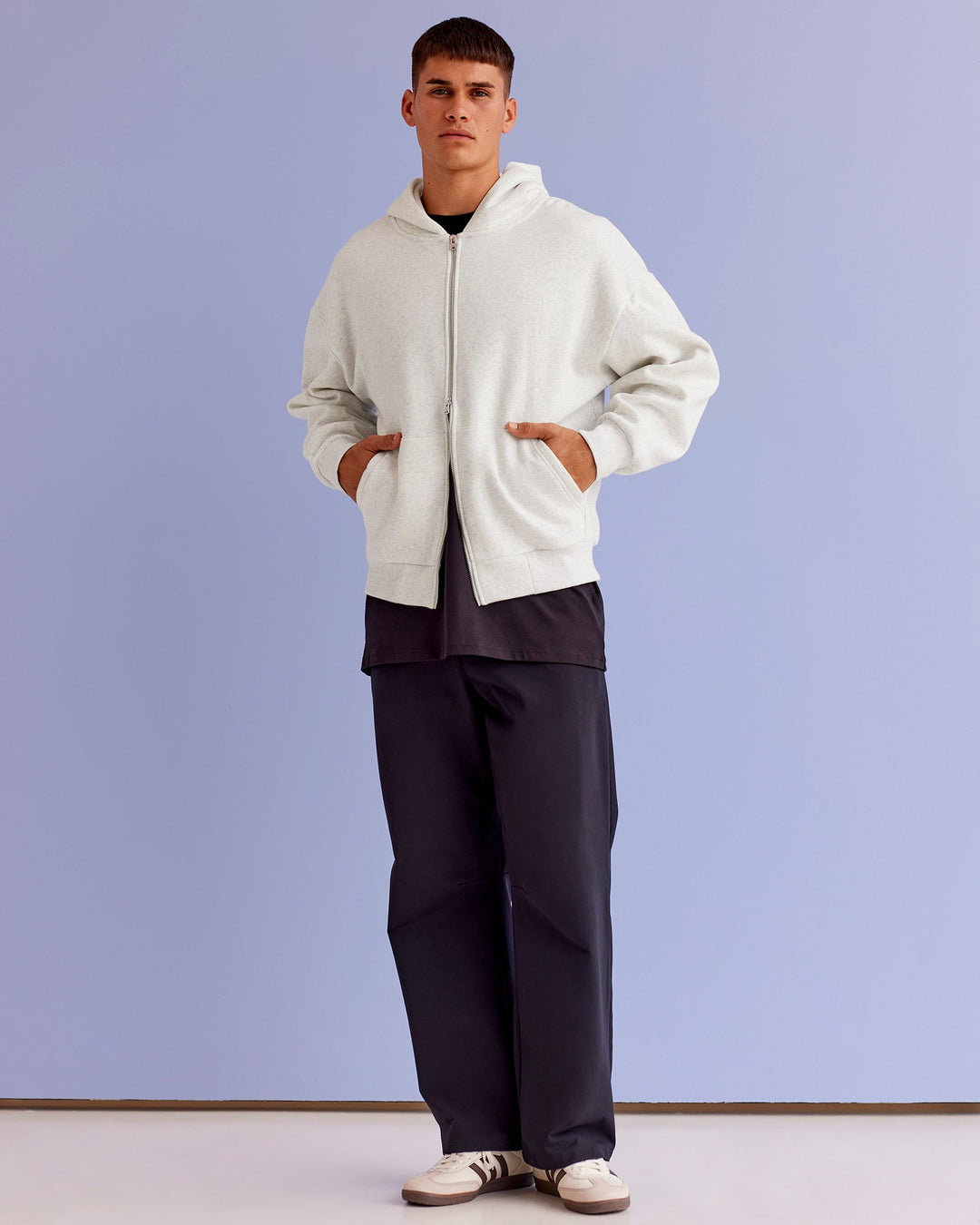 Man wearing Base Zip Through Oversized Hoodie - Silver Marl | Model:Jackson | Size:L - view 9