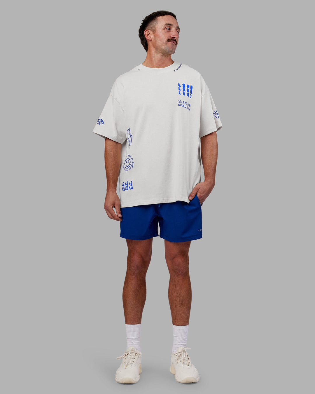 Man wearing Abs If Not Now When Heavyweight Oversized Tee - Vaporous Gray | Model:Fletcher | Size:L