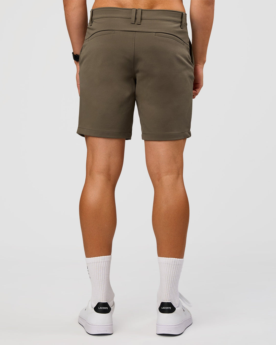 Man wearing All Day ZeroCrease™ Regular 8" Short - Walnut Grey | Model:Liam | Size:34