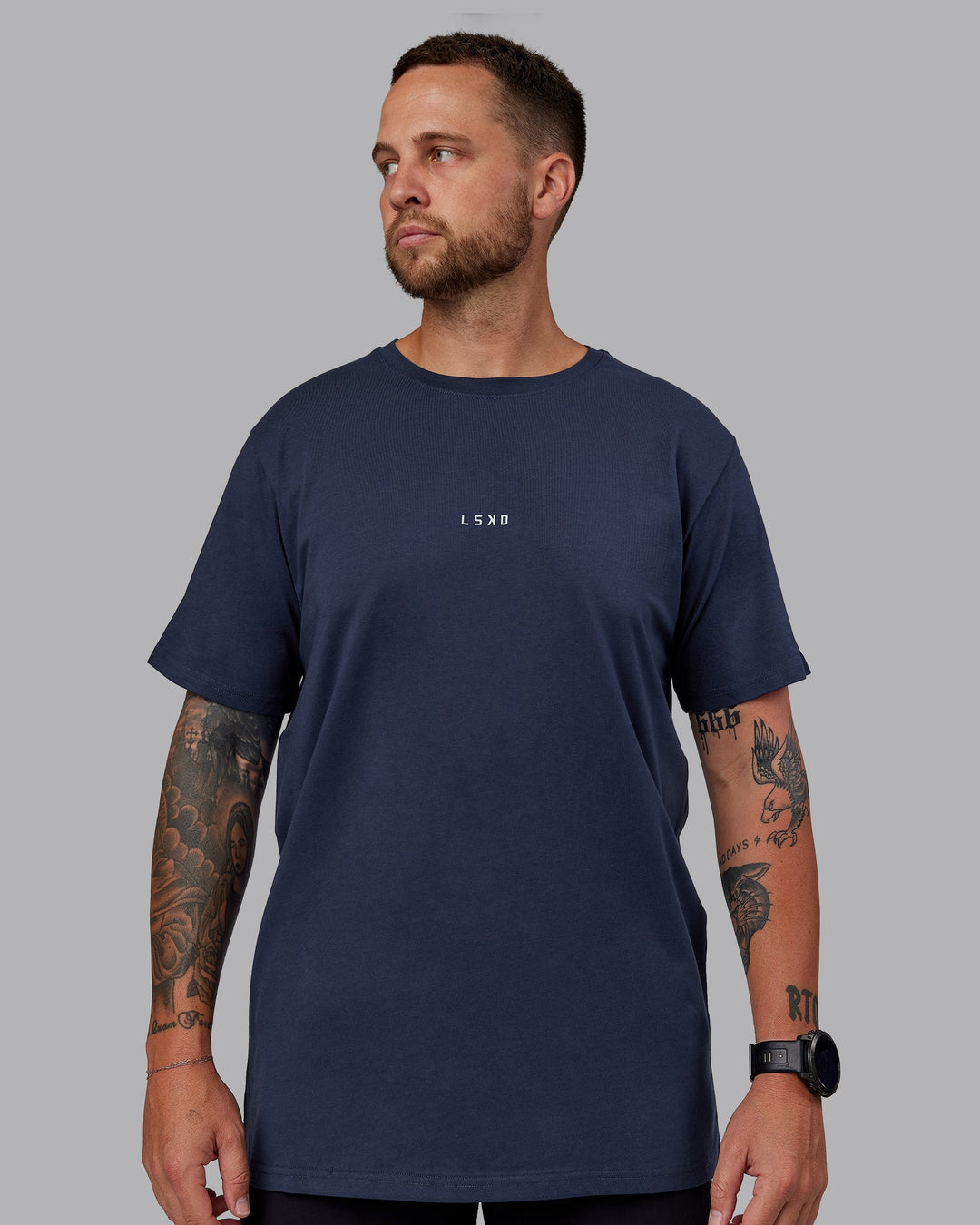 Man wearing Base FLXCotton Tee in Future Navy | Size:L