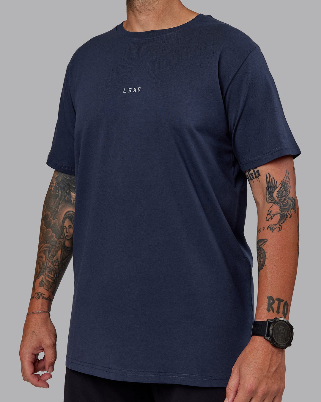 Man wearing Base FLXCotton Tee in Future Navy | Size:L