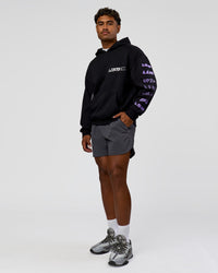 Man wearing Deconstructed Fleece Hoodie - Caviar-Marshmallow-Pale Lilac | Model:Xav | Size:L