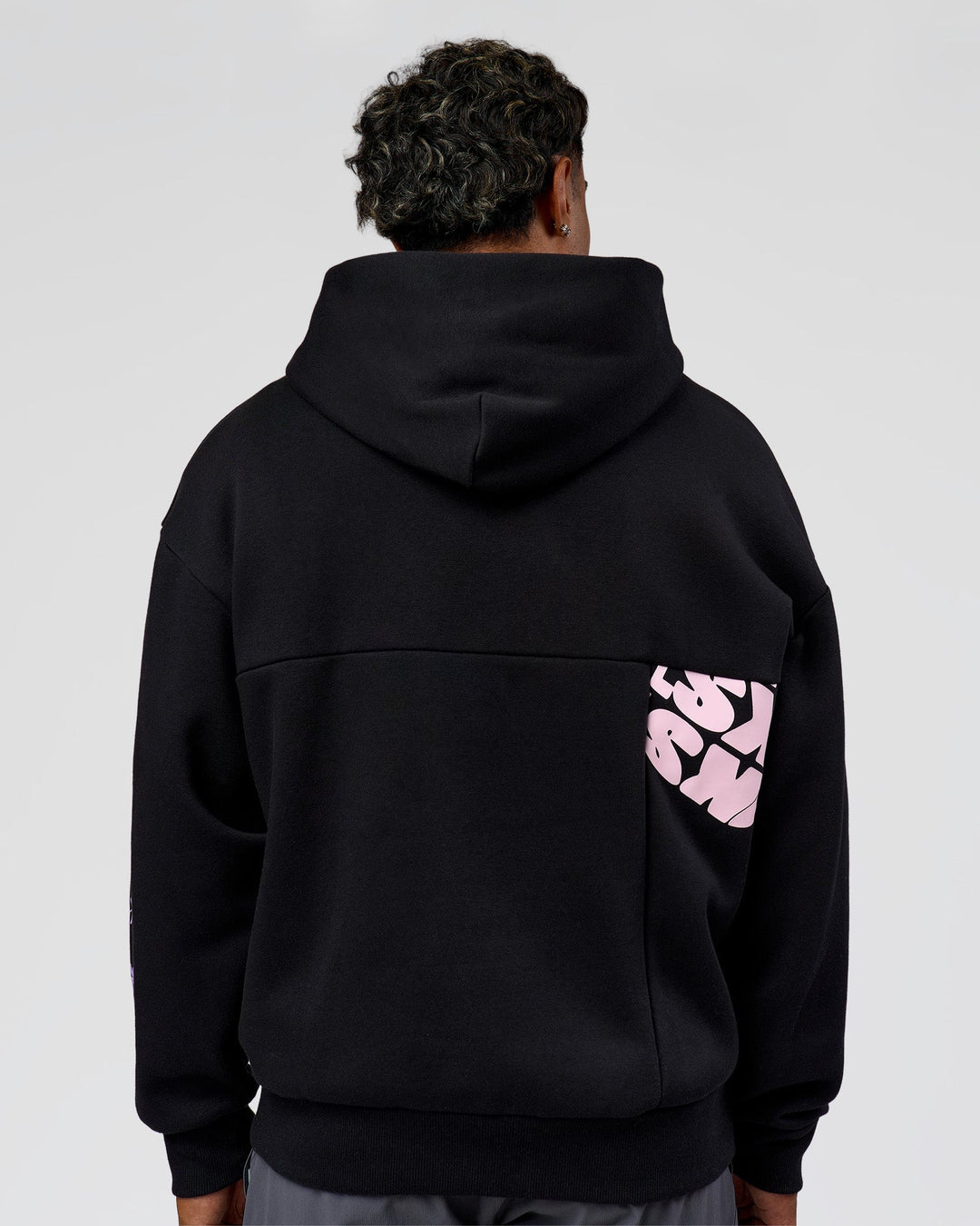 Man wearing Deconstructed Fleece Hoodie - Caviar-Marshmallow-Pale Lilac | Model:Xav | Size:L