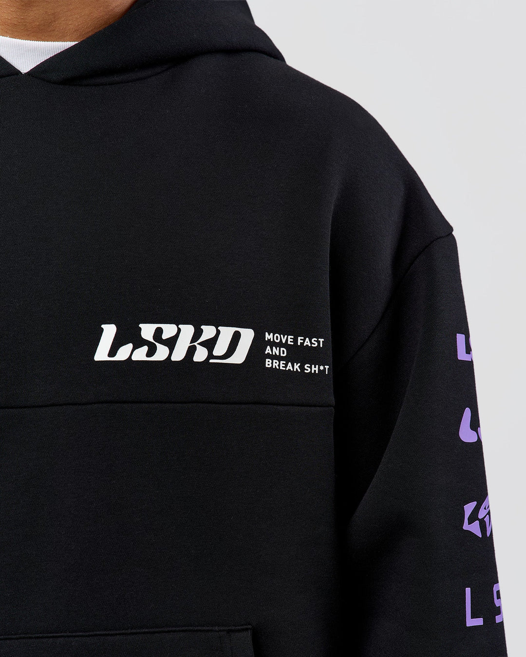 Man wearing Deconstructed Fleece Hoodie - Caviar-Marshmallow-Pale Lilac | Model:Xav | Size:L