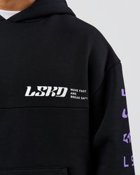 Man wearing Deconstructed Fleece Hoodie - Caviar-Marshmallow-Pale Lilac | Model:Xav | Size:L