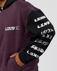Man wearing Deconstructed Fleece Hoodie - Caviar-Midnight Plum | Model:Xav | Size:L