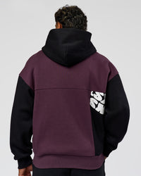 Man wearing Deconstructed Fleece Hoodie - Caviar-Midnight Plum | Model:Xav | Size:L