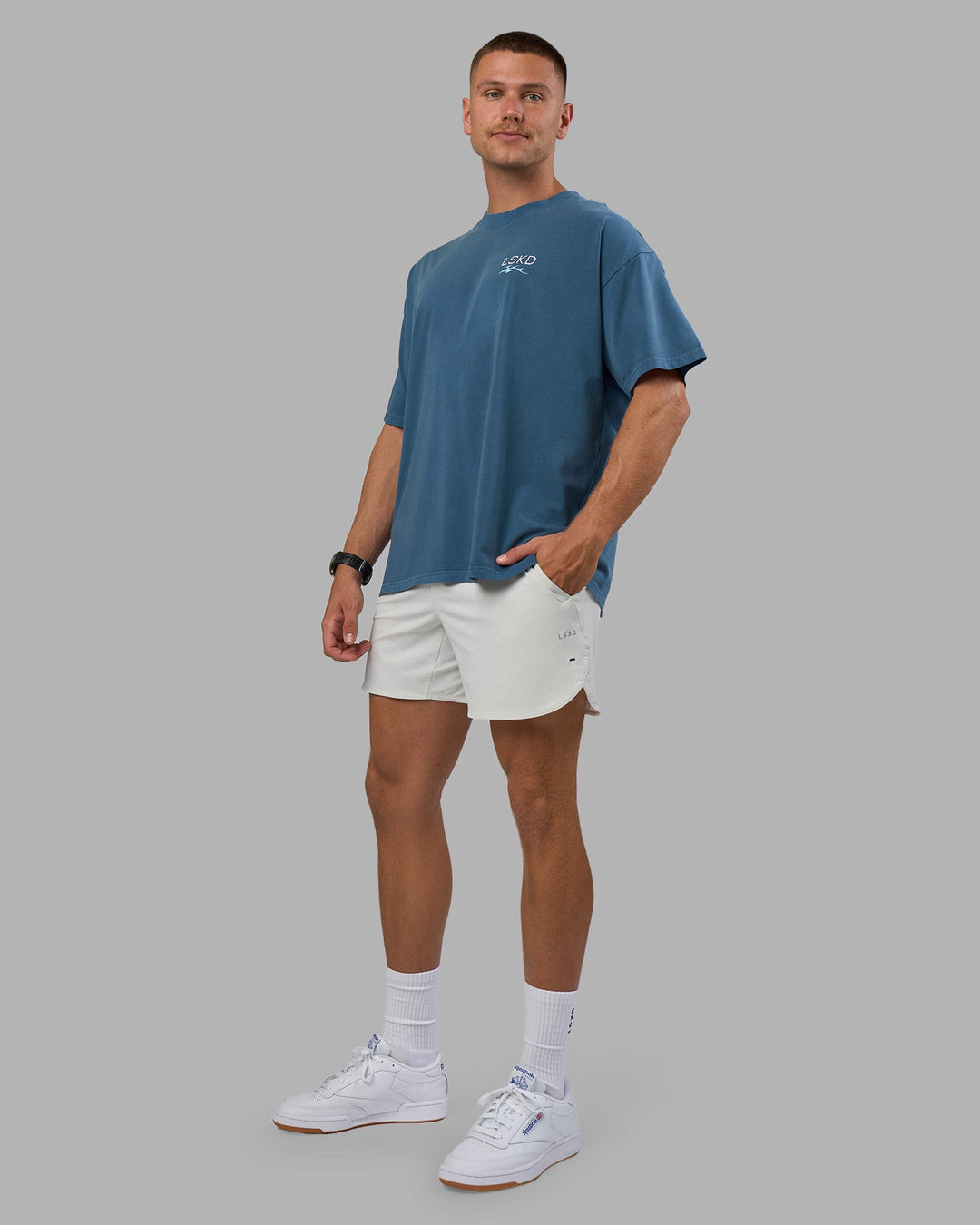 Man wearing Digital World Heavyweight Oversized Tee - Night Sea-Open Air | Model:Nikola | Size:L