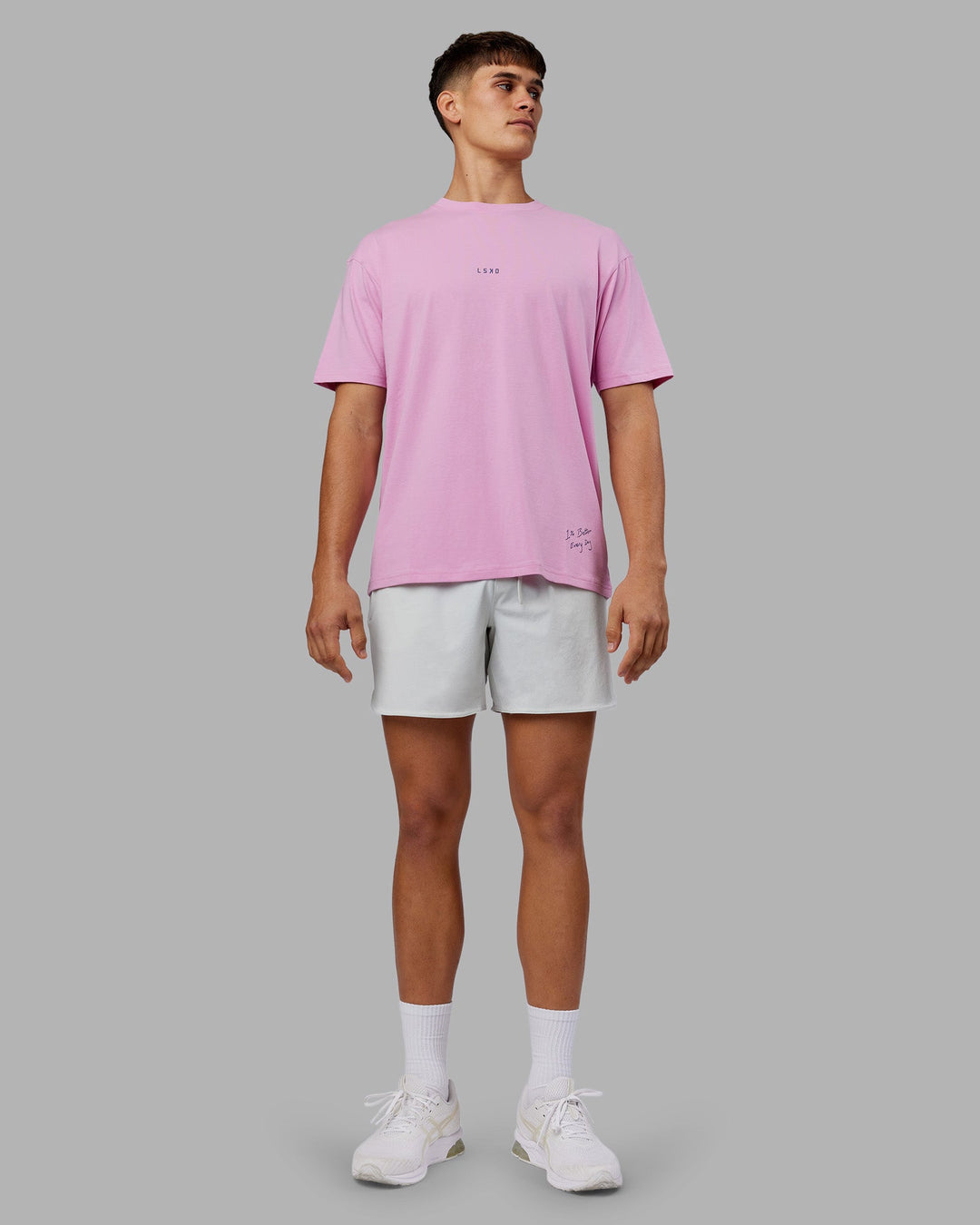 Man wearing ETJ Values FLXCotton Oversize Tee - Bubblegum-Indigo | Model:Jackson | Size:L